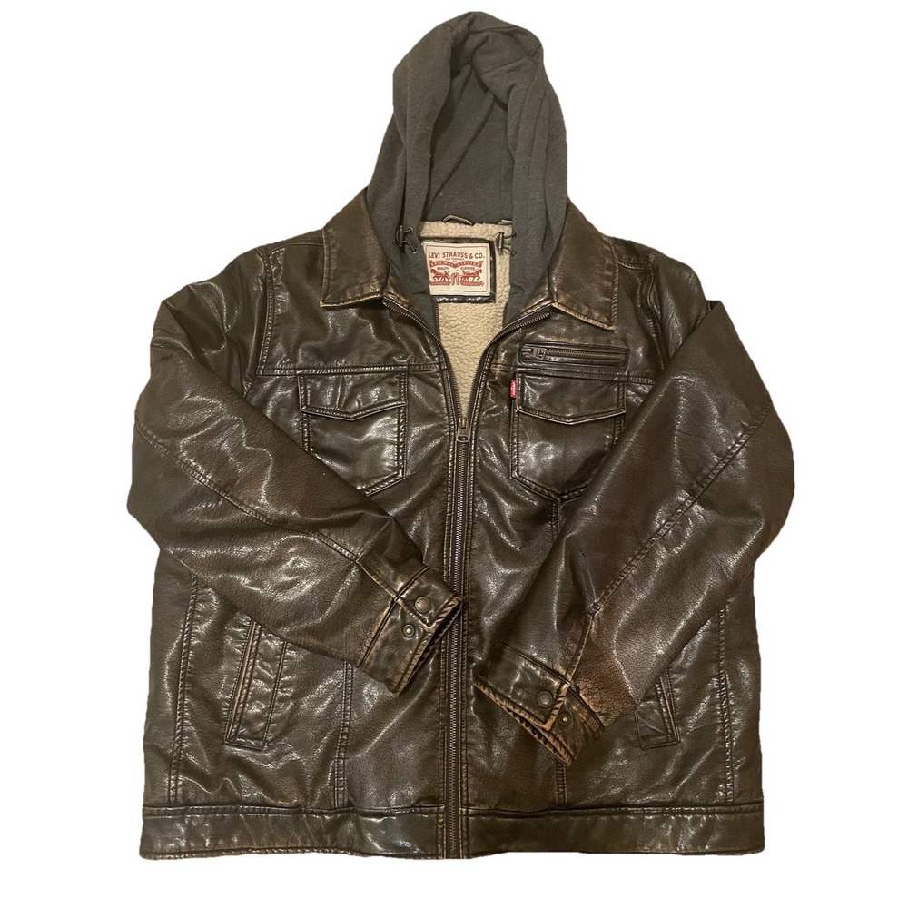 Levi's Classic Faux Leather Men's Jacket Trucker Sherpa Bomber Hooded Brown  XL